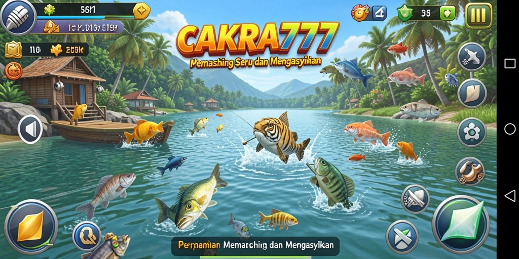 Screenshot gameplay CAKRA777 dengan berbagai ikan yang dapat ditangkap.