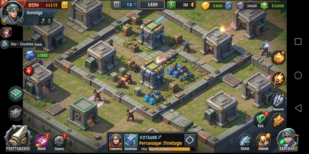 Screenshot gameplay DS99 menunjukkan pertempuran menegangkan dengan strategi tower defense.