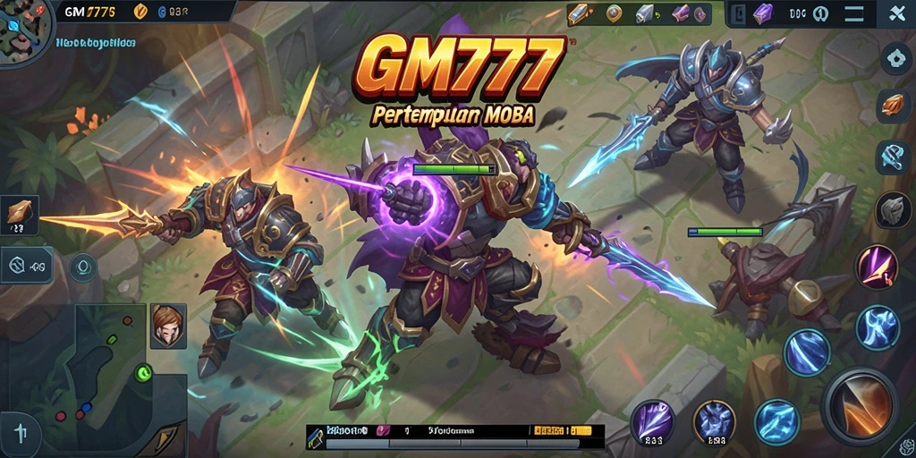 Tampilan dinamis dan strategis gameplay GM777 MOBA.