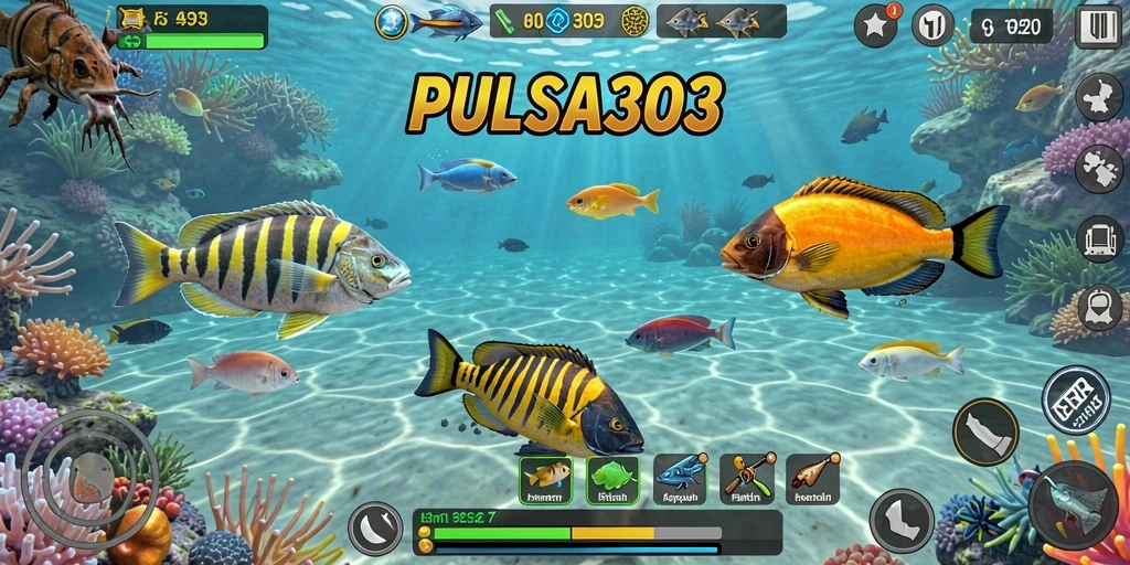 Screenshot utama PULSA303 menampilkan aksi seru menembak ikan.