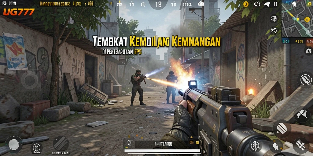 Screenshot menampilkan tindakan intens dalam gameplay FPS UG777.
